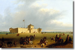 Fort Laramie in the 1840s – painting by Alfred Jacob Miller.  Source:  Wyoming Historical Society.