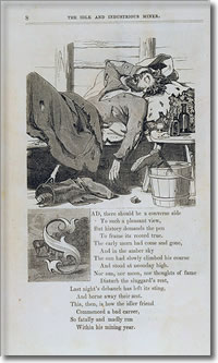 A very popular pamphlet in Gold Rush California was “The Idle and Industrious Miner.”  Delano is credited with writing the verse and Nahl was the illustrator.  Source:  California State Library.