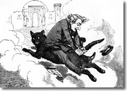  A drawing of Delano riding a black cat by Nahl.  Source:  From Delano’s 1856 book Old Block’s Sketch Book.